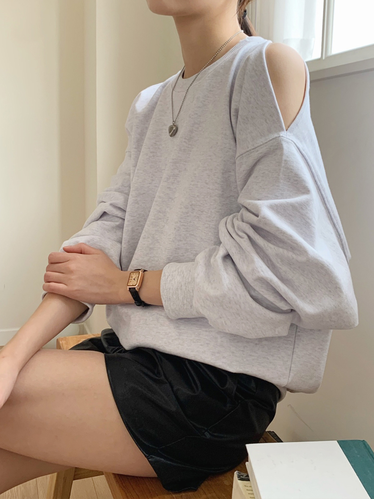 러블리 오버핏 어깨 슬릿 무지 여성 맨투맨 박스티 여자 가을 티셔츠 면 라운드 여자 긴팔티 - 상세 이미지 4