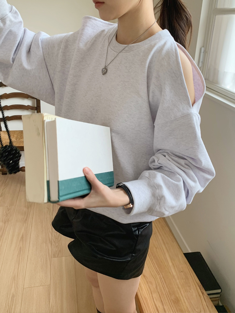 러블리 오버핏 어깨 슬릿 무지 여성 맨투맨 박스티 여자 가을 티셔츠 면 라운드 여자 긴팔티 - 상세 이미지 3