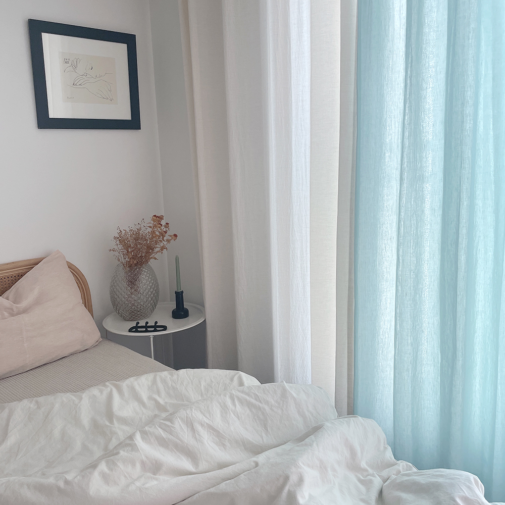 바이아미 연블루 시어 비침 볼륨 린넨 나비주름 거실 속 맞춤 커튼