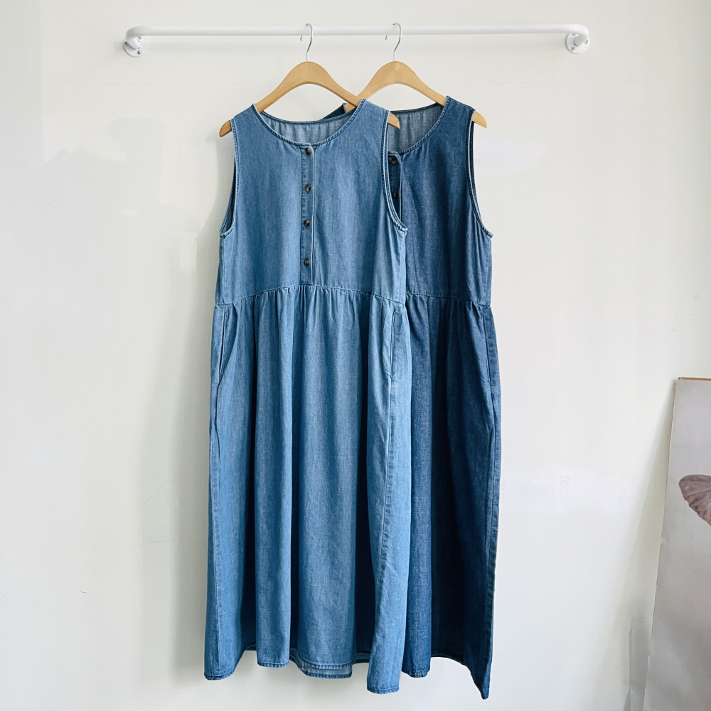 데님 청 나시원피스 뷔스티에 포켓 롱원피스