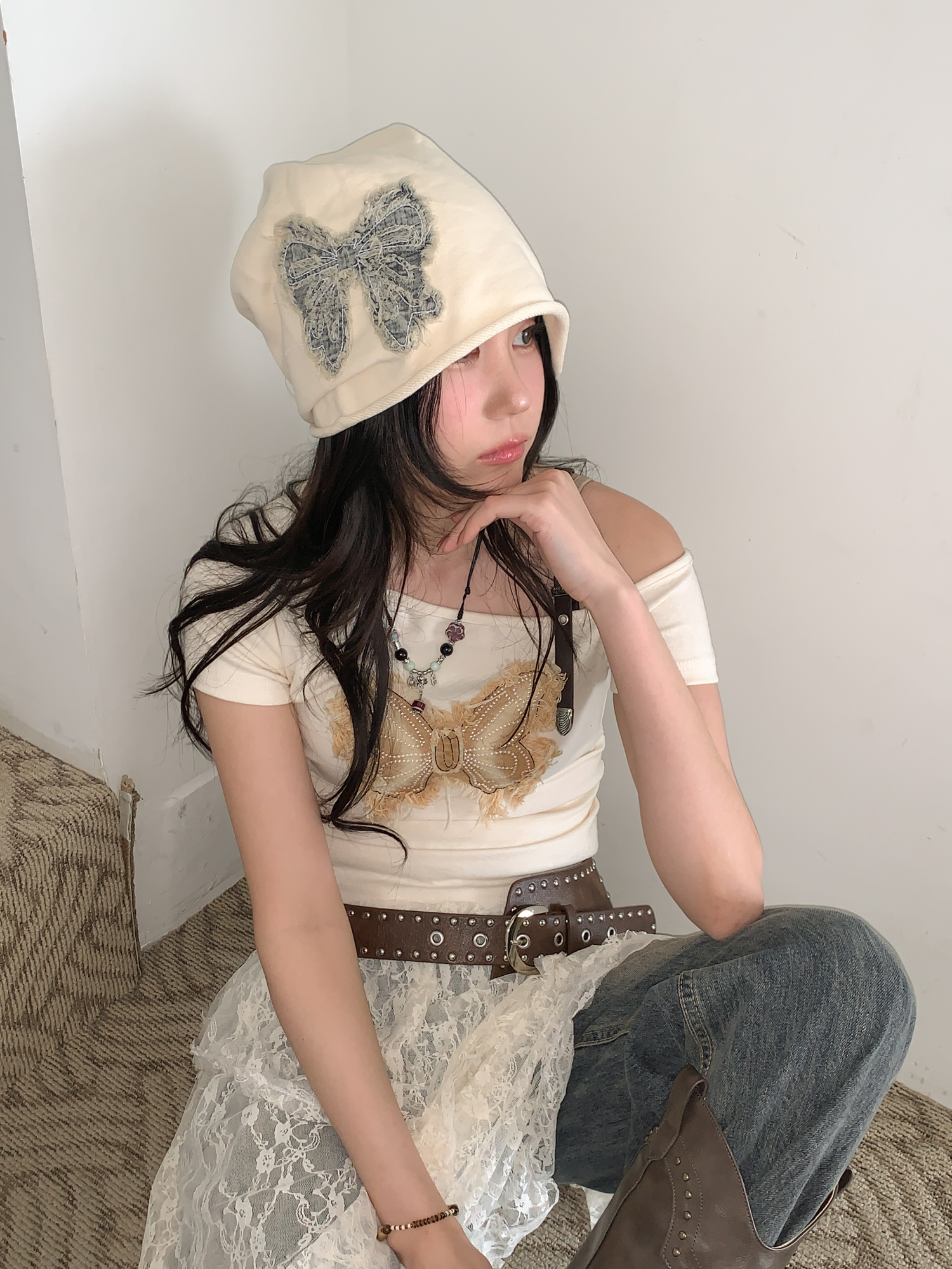 [핏예쁨] 빈티지 빅리본 패치 롱 비니 모자 4color 상세 이미지 20