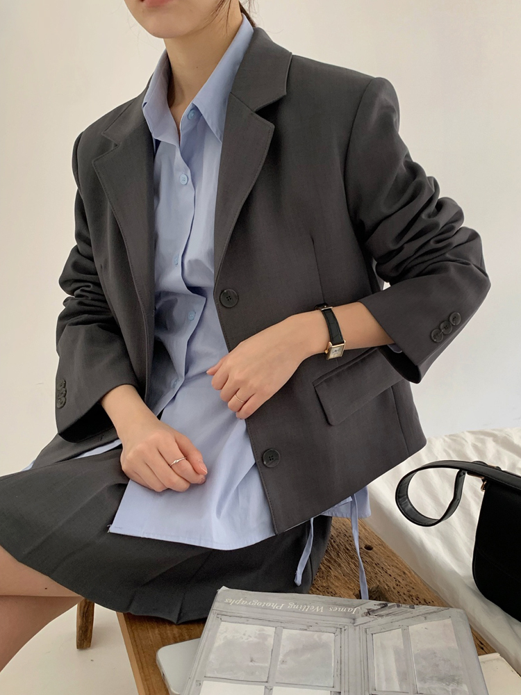 싱글 블레이저 정장 여자 자켓 숏 크롭자켓 테일러드 여성 가을 자켓 차콜 그레이 블랙 - 상세 이미지 4