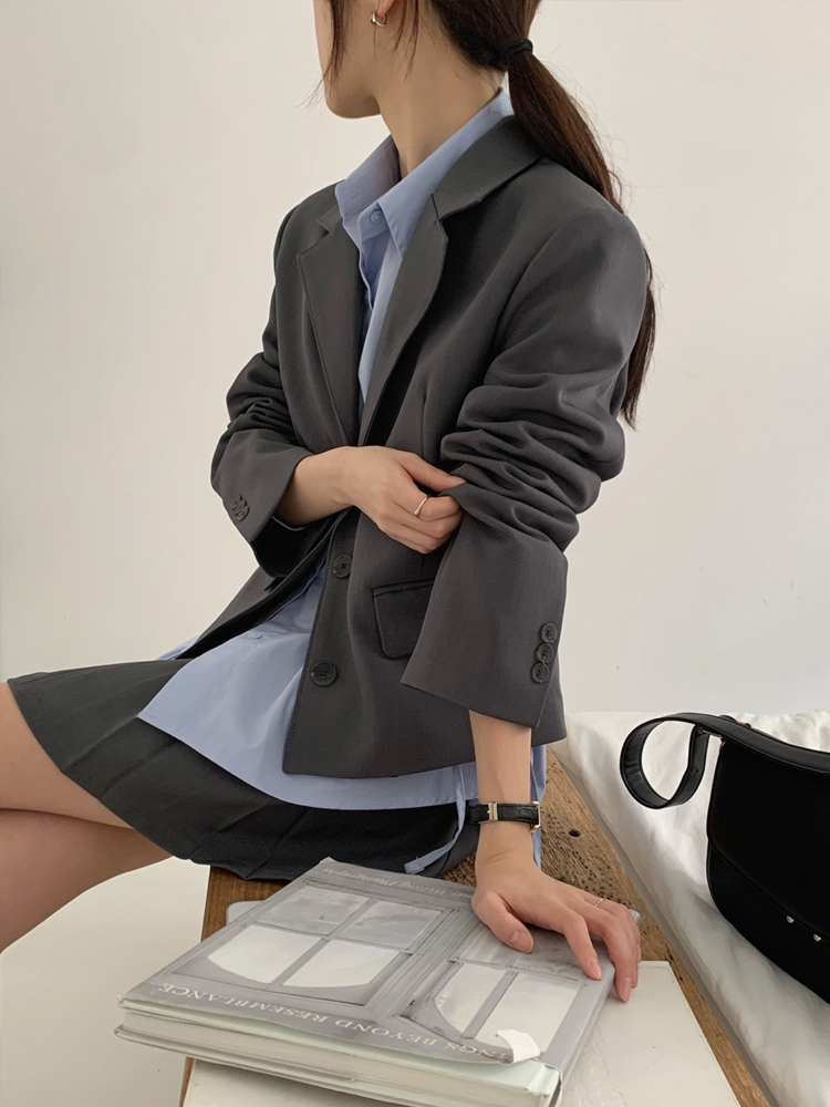 싱글 블레이저 정장 여자 자켓 숏 크롭자켓 테일러드 여성 가을 자켓 차콜 그레이 블랙 - 상세 이미지 5