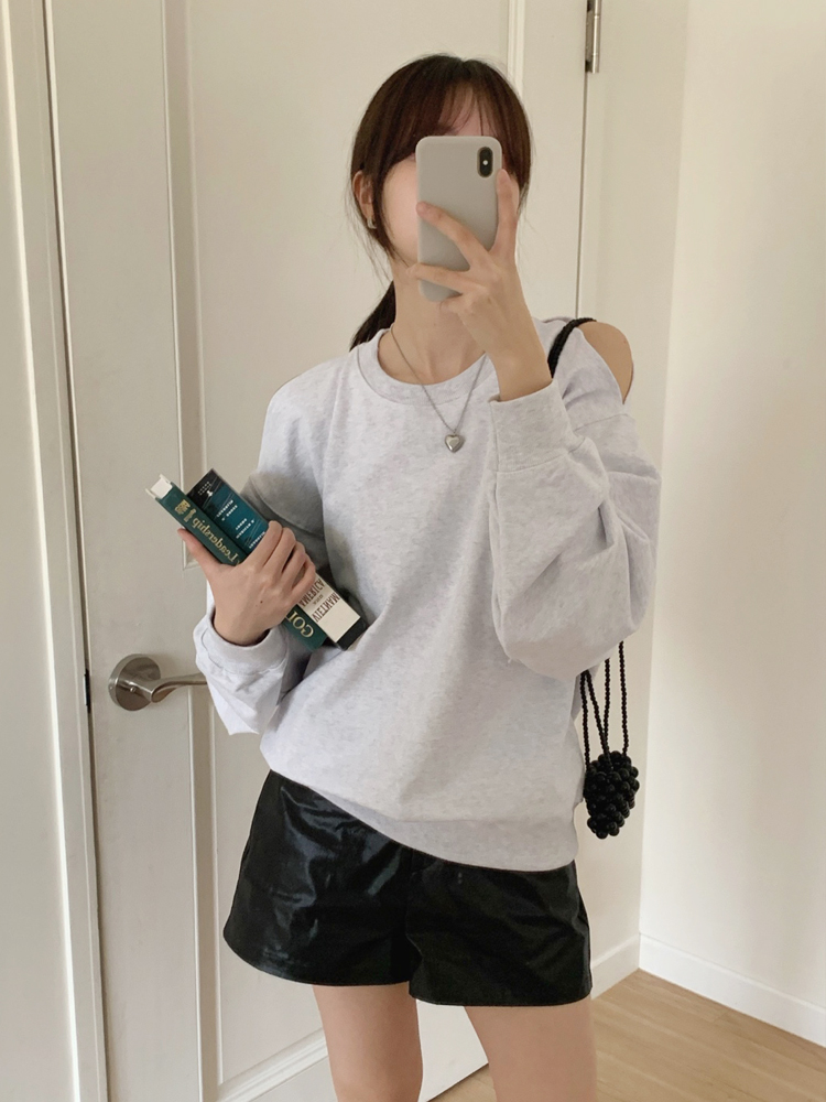 러블리 오버핏 어깨 슬릿 무지 여성 맨투맨 박스티 여자 가을 티셔츠 면 라운드 여자 긴팔티 - 상세 이미지 5