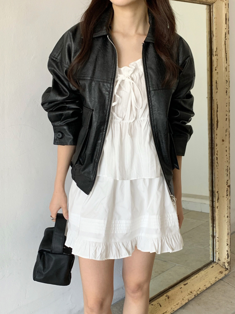 더블 포켓 카라넥 오버핏 레더 여성 가죽 자켓 하프 여자 자켓 가을 블랙 베이지 아이보리 - 상세 이미지 3