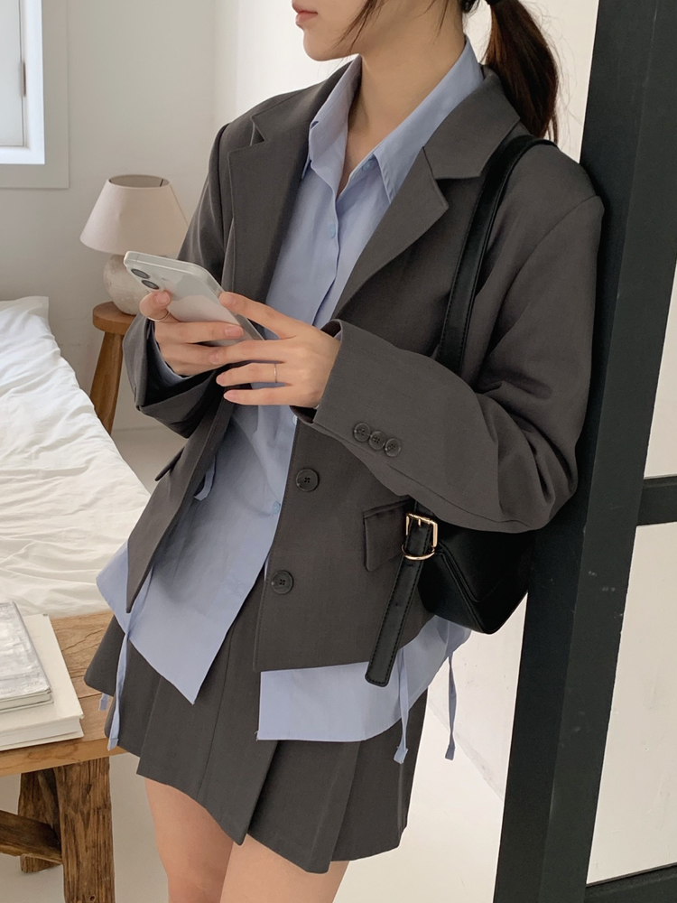 싱글 블레이저 정장 여자 자켓 숏 크롭자켓 테일러드 여성 가을 자켓 차콜 그레이 블랙 - 상세 이미지 2