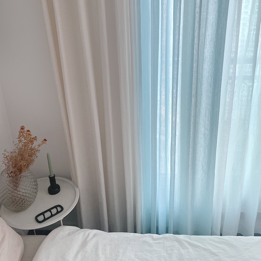 바이아미 연블루 시어 비침 볼륨 린넨 나비주름 거실 속 맞춤 커튼