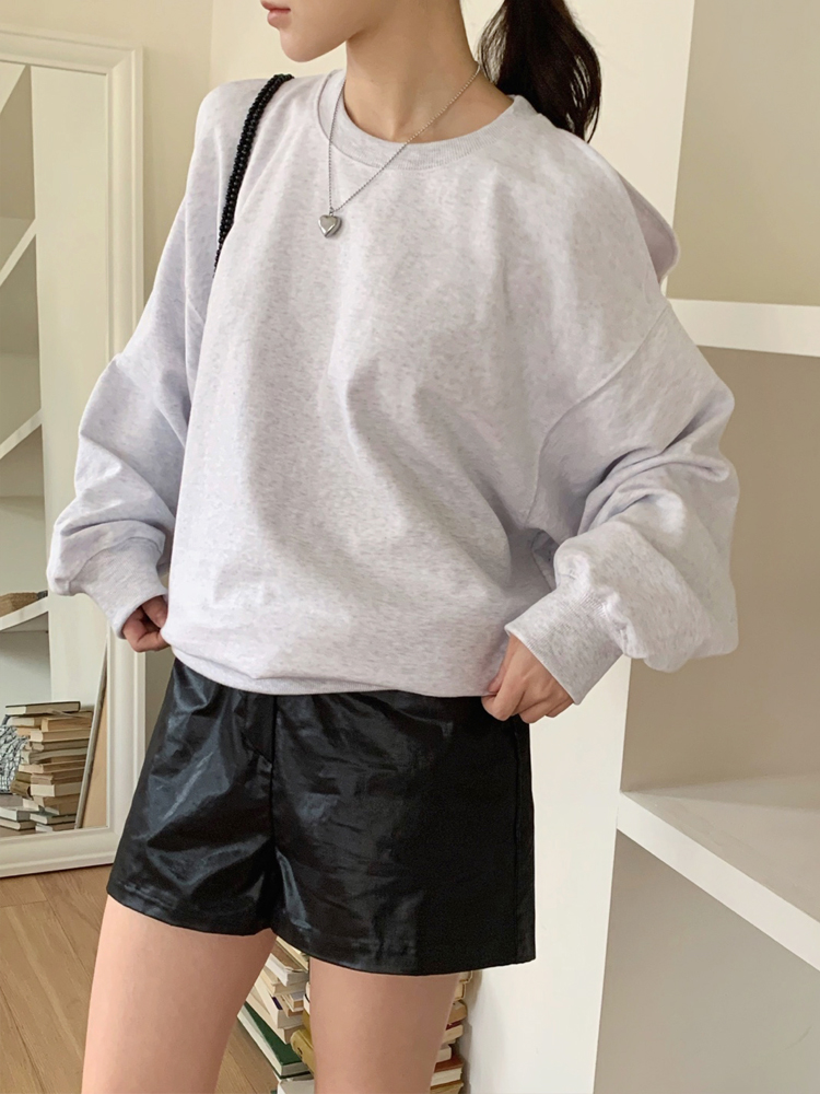 러블리 오버핏 어깨 슬릿 무지 여성 맨투맨 박스티 여자 가을 티셔츠 면 라운드 여자 긴팔티 - 상세 이미지 2