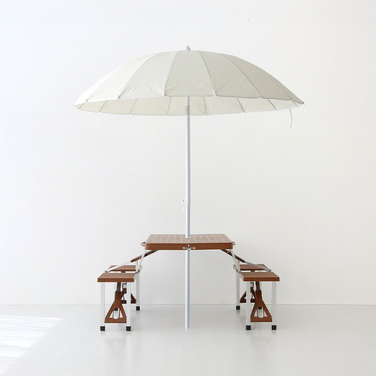 INSIA 파라솔 베이지 + 캠폴 야외 접이식테이블 4인세트 의자일체형