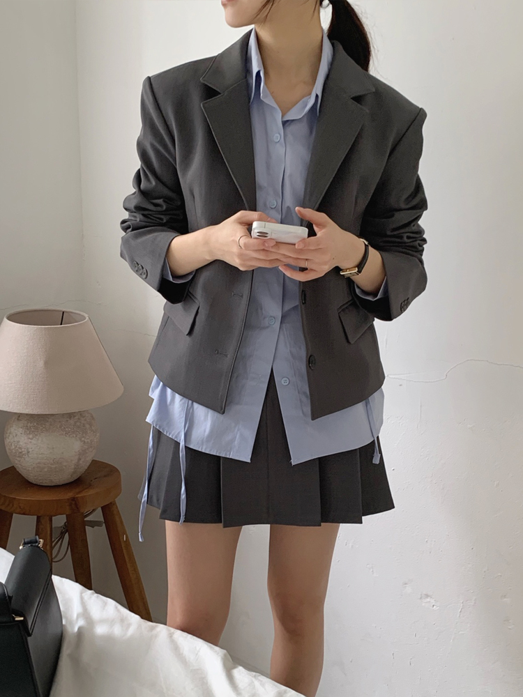 싱글 블레이저 정장 여자 자켓 숏 크롭자켓 테일러드 여성 가을 자켓 차콜 그레이 블랙 - 상세 이미지 3