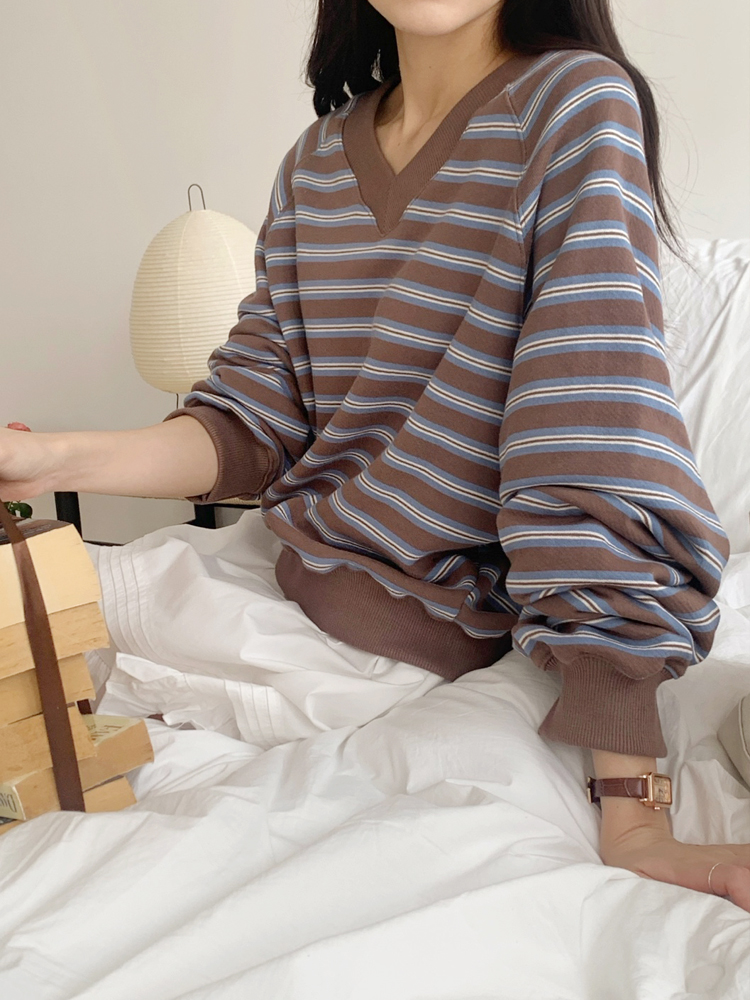루즈핏 멀티 단가라 브이넥 여성 맨투맨 박스티 스트라이프 티셔츠 여자 가을 티셔츠 면 - 상품 이미지
