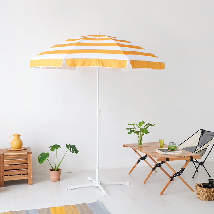 ROMIL 스마일 파라솔 옐로우스트라이프 + 캠폴 야외 접이식테이블 4인세트 의자일체형