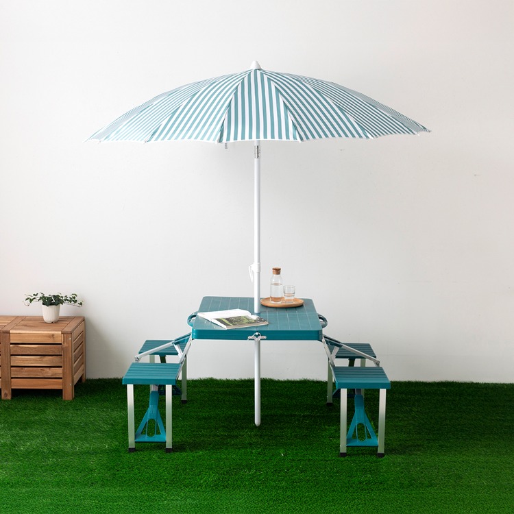 INSIA 파라솔 그린스트라이프 + 캠폴 야외 접이식테이블 4인세트 의자일체형