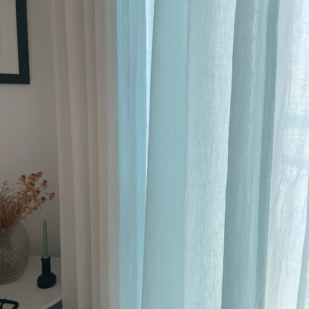 바이아미 연블루 시어 비침 볼륨 린넨 나비주름 거실 속 맞춤 커튼