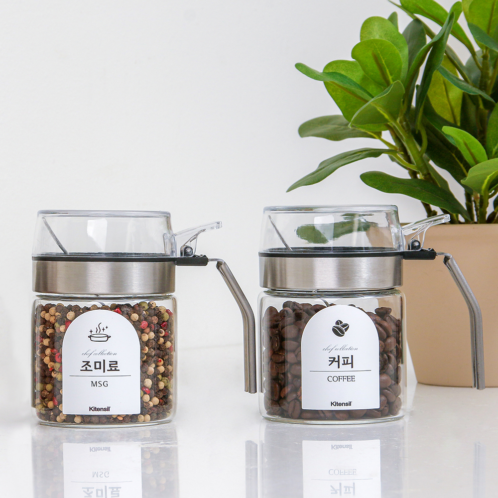 내열유리 밀폐 소금통 유리 조미료 양념병 스텐양념통 300ml 2p
