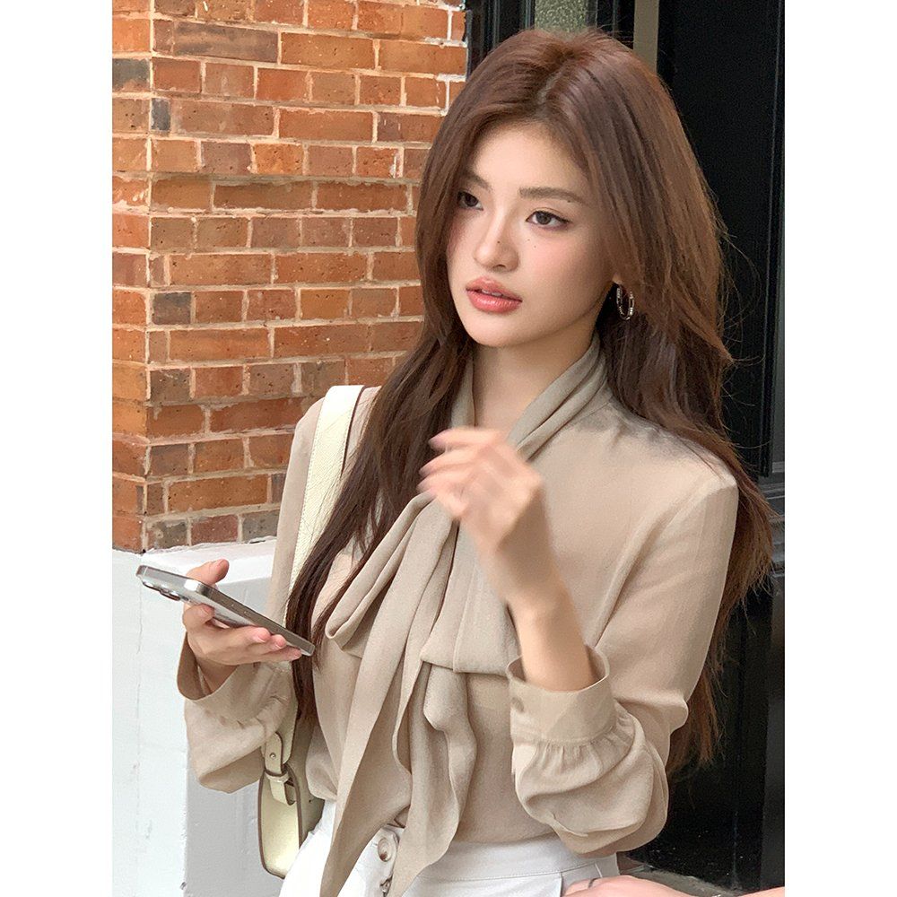 봄 가을 타이넥 루즈핏 텐셀 100 긴팔 셔츠 블라우스 오피스룩 하객룩 카키 - 상세 이미지 4