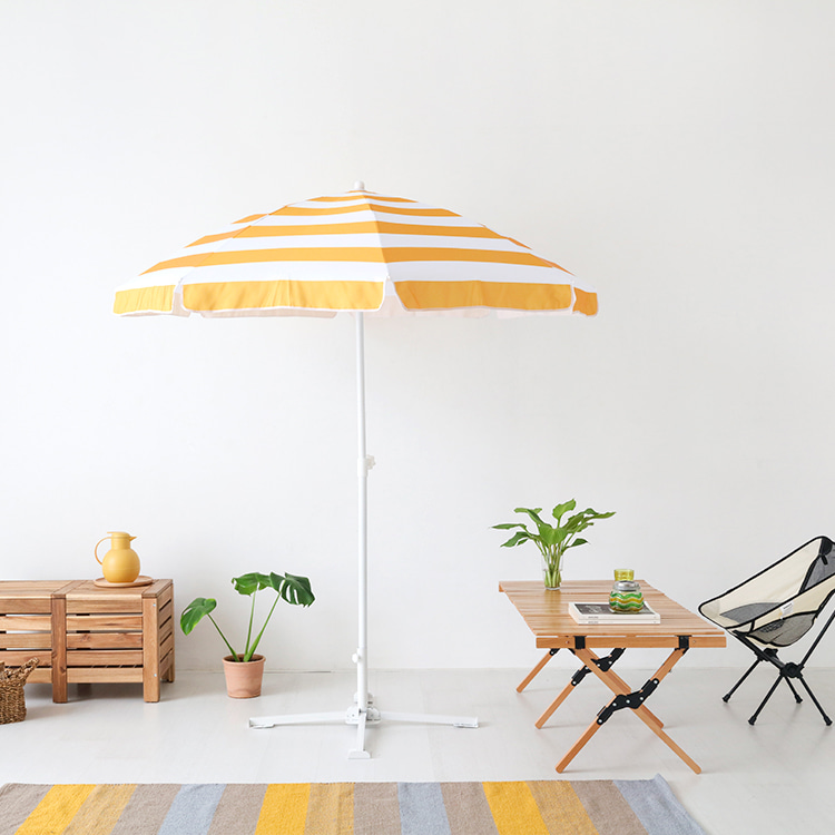 ROMIL 스마일 파라솔 옐로우스트라이프 + 캠폴 야외 접이식테이블 4인세트 의자일체형