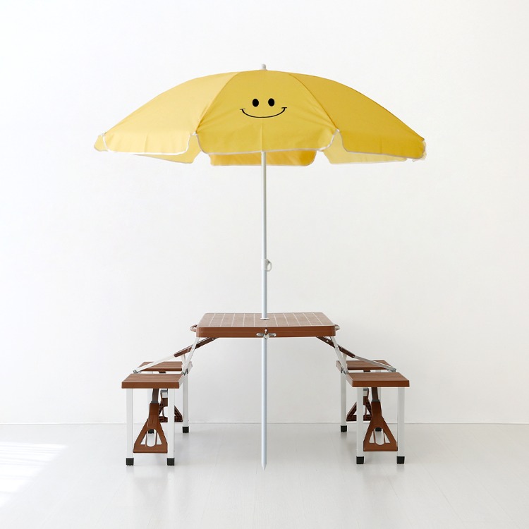 ROMIL 스마일 파라솔 옐로우 + 캠폴 야외 접이식테이블 4인세트 의자일체형