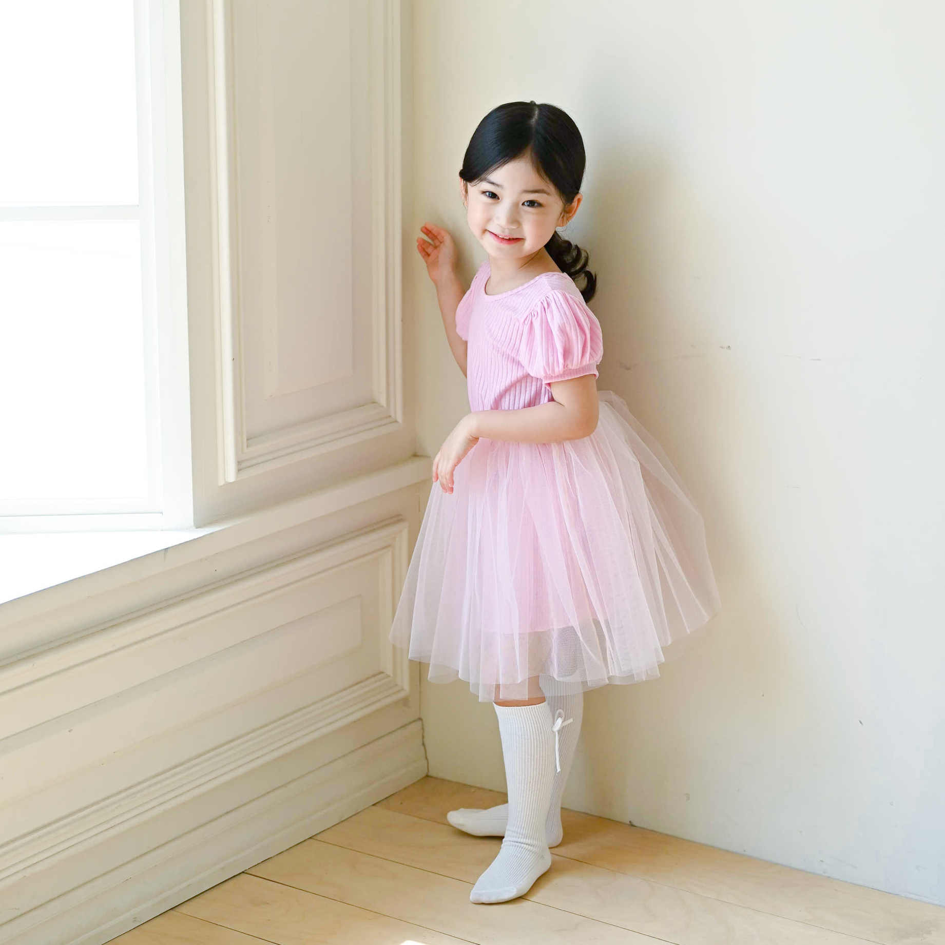 오네뜨 반팔 튜튜 샤 원피스 아이보리 연핑크 여아 아동 유아 베이직 기본 여름 발레 - 상세 이미지 3