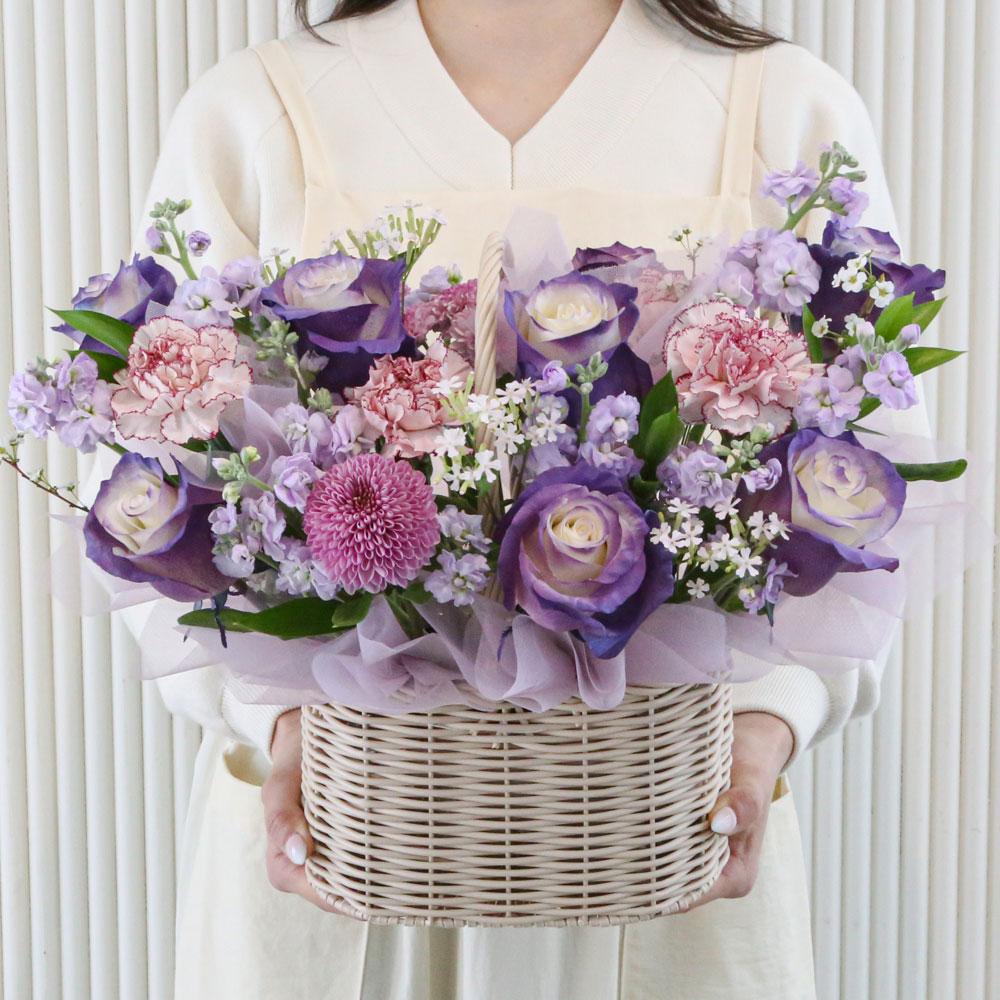 로맨틱 퍼플 프릴 생화 꽃바구니 생일선물 꽃배달