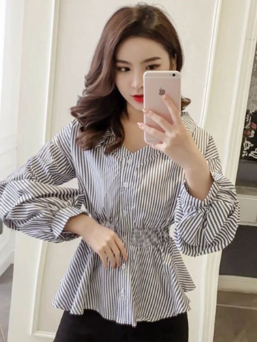루즈핏 프렌치 셔링 하이웨스트 디자인 상의 심플 코디 패션 여자 긴팔 블라우스 빅사이즈 : 거프디바