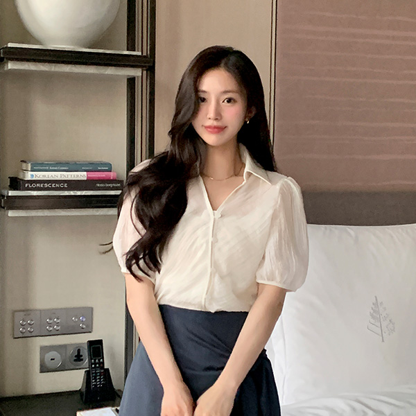 클레어 시스루 퍼프소매 브이넥 카라 블라우스 bs8183