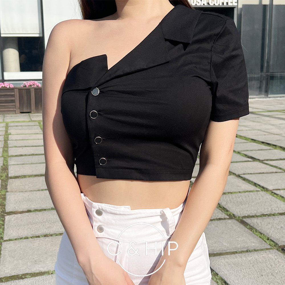 데미 섹시 블라우스 언발 오프숄더 반팔 카라 크롭 셔츠 (화이트/블랙) - 메인 이미지