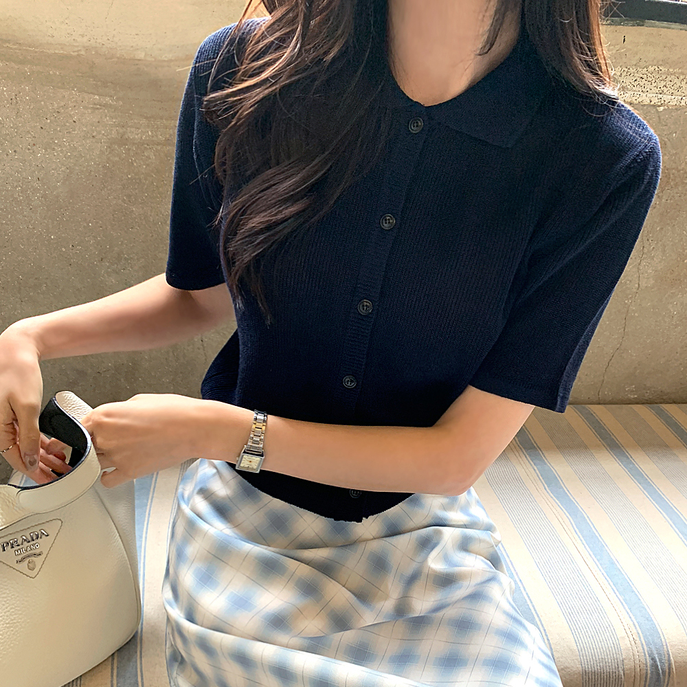 르멜르 린넨 심플 카라 반팔 니트 티셔츠 가디건 이미지 6