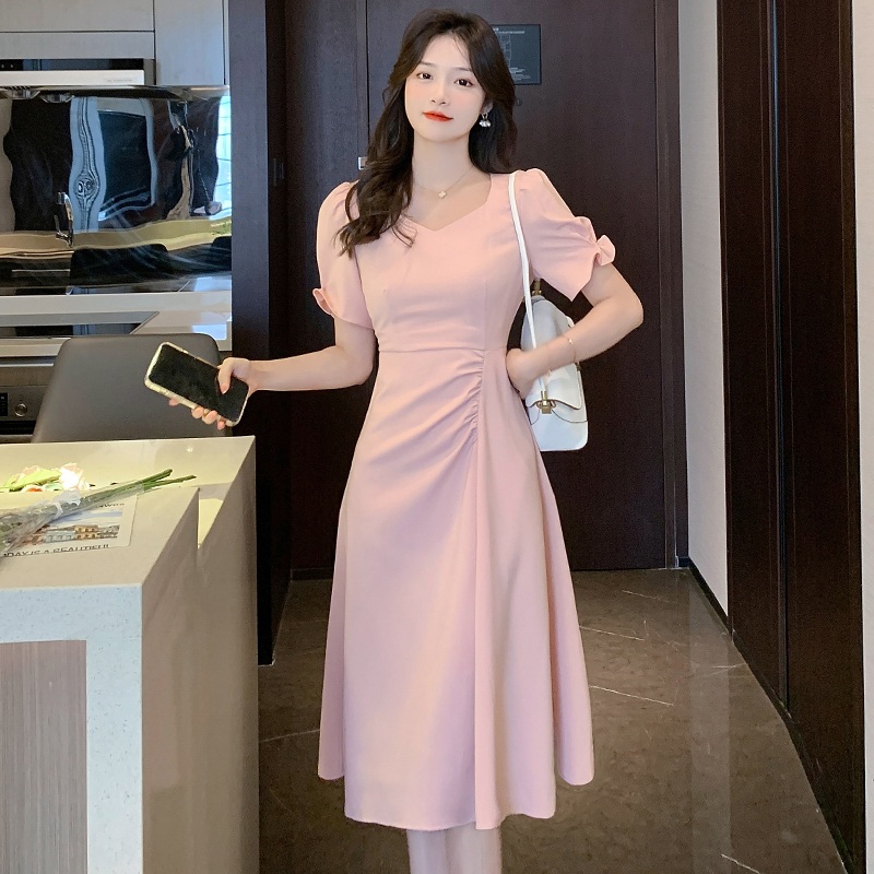 여성 허리셔링 퍼프소매 플레어 원피스 핑크 S - 상품 이미지