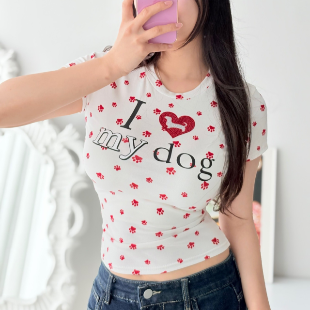 큐빅 강아지 프린팅 반팔 크롭 슬림 여성 Y2K 티셔츠 - 상세 이미지 4