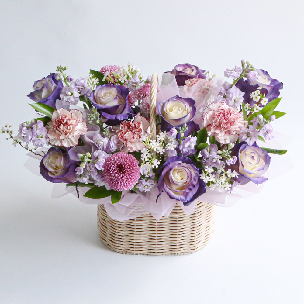 로맨틱 퍼플 프릴 생화 꽃바구니 생일선물 꽃배달