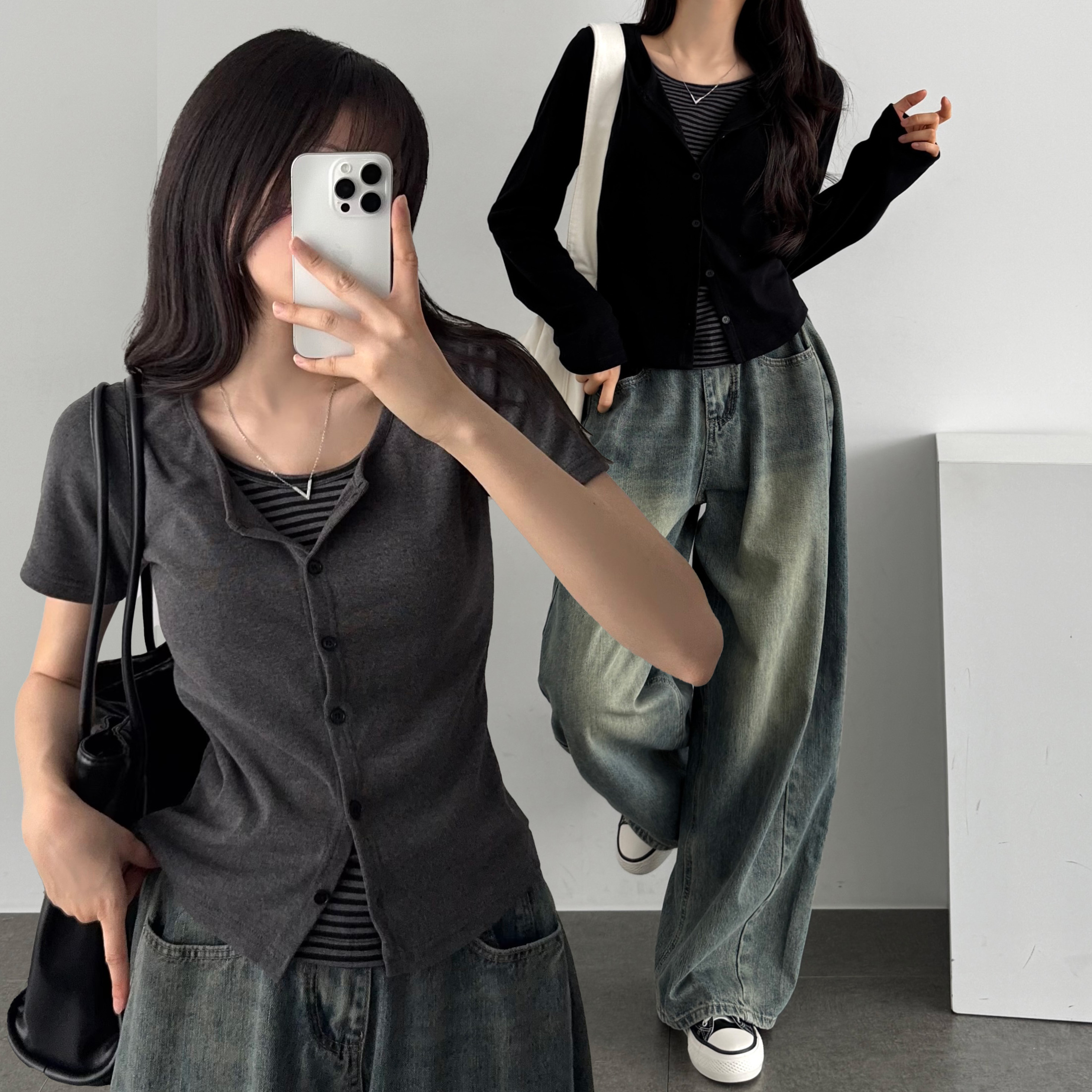 여름 여성 반팔 가디건 얇은 회색 레이어드룩