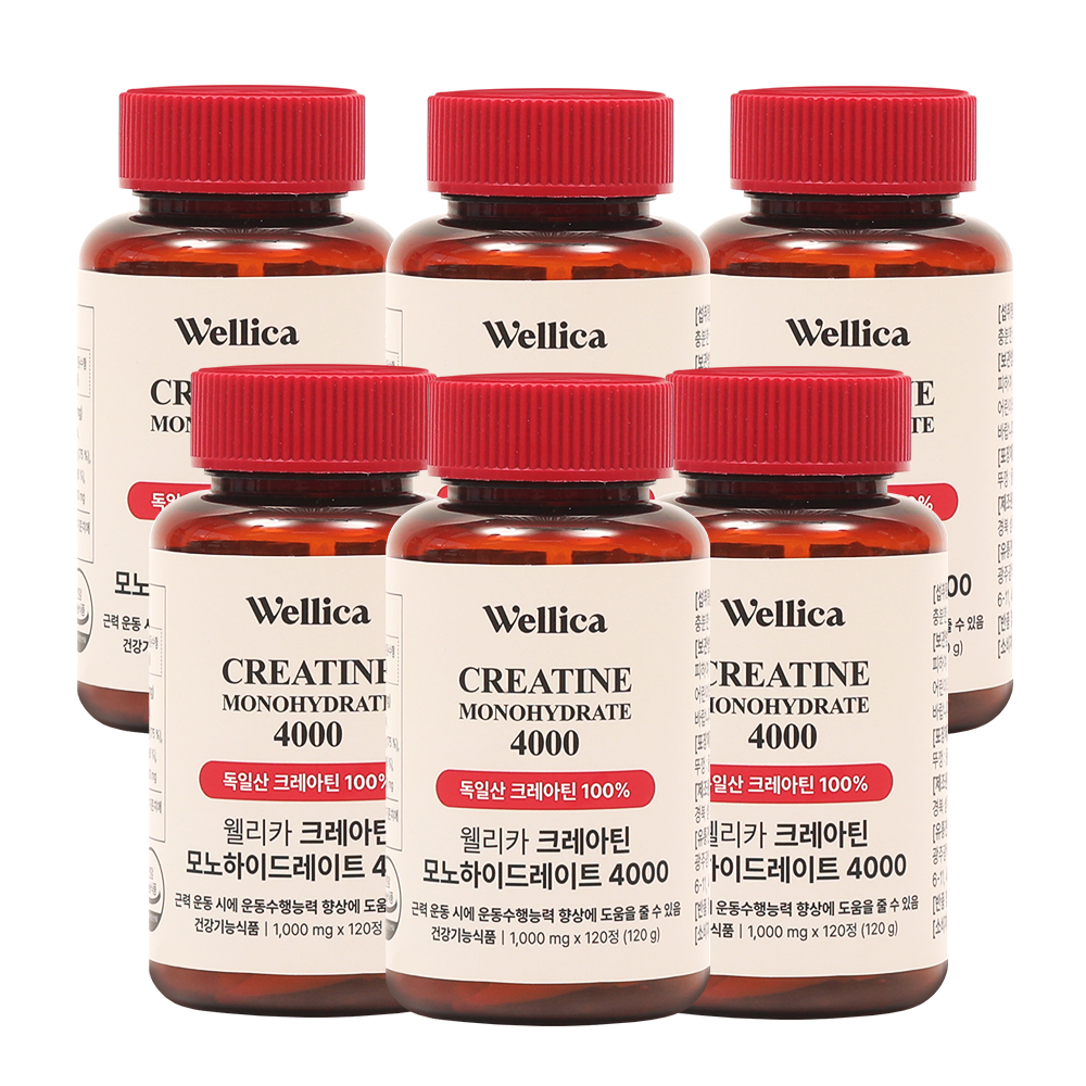 웰리카 크레아틴 모노하이드레이트 근력 단백질 헬스 부스터 운동 전 보충제 120정, 6개