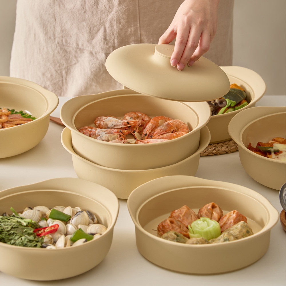 실리프랑 실리콘찜기 2단 전자레인지 야채 만두 찜기 무연마제 모카베이지 +계량스푼 - 상세 이미지 5