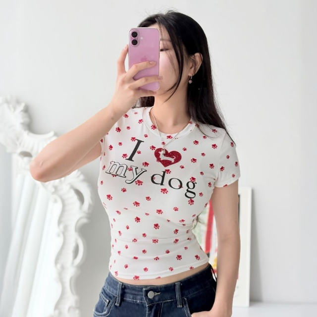 큐빅 강아지 프린팅 반팔 크롭 슬림 여성 Y2K 티셔츠 - 상세 이미지 3