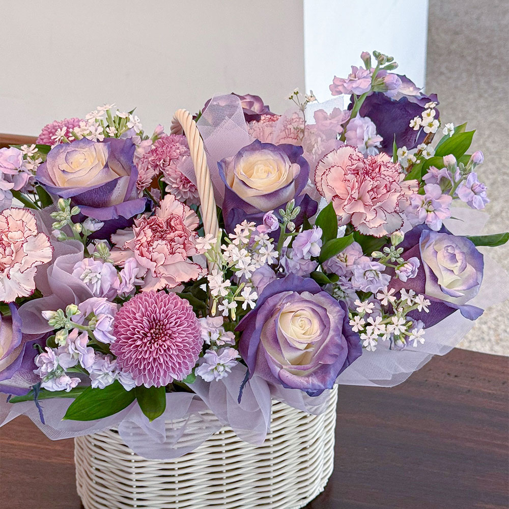 로맨틱 퍼플 프릴 생화 꽃바구니 생일선물 꽃배달