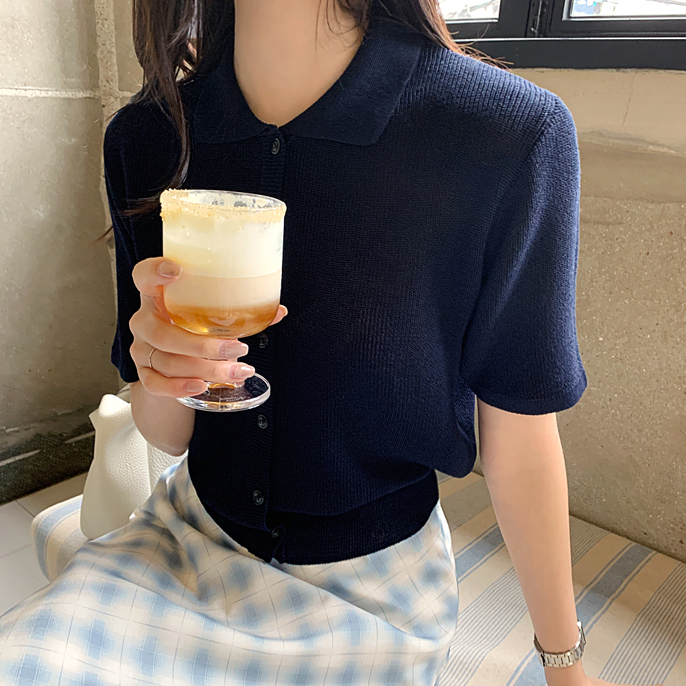르멜르 린넨 심플 카라 반팔 니트 티셔츠 가디건 이미지 8