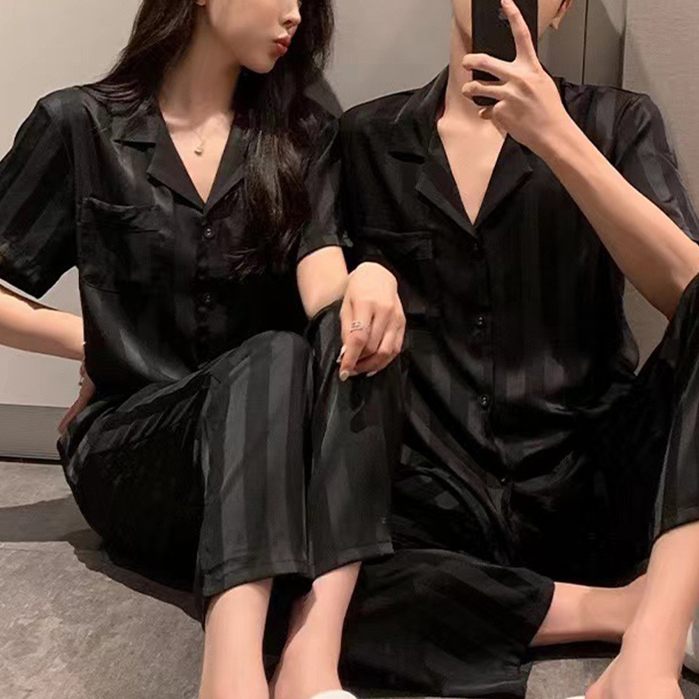 실크핏 반팔 스트라이프 실키핏 커플 잠옷 파자마 - 상세 이미지 4