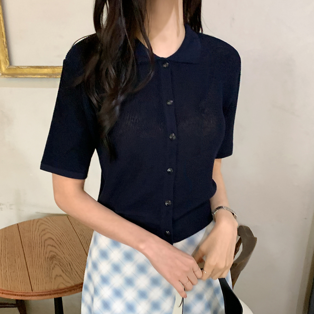 르멜르 린넨 심플 카라 반팔 니트 티셔츠 가디건 이미지 7