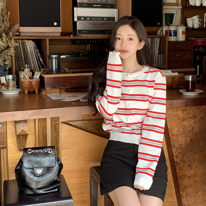 포디드 펜던트 스트라이프 라운드 긴팔 가디건 cd3379 - 상세 이미지 2