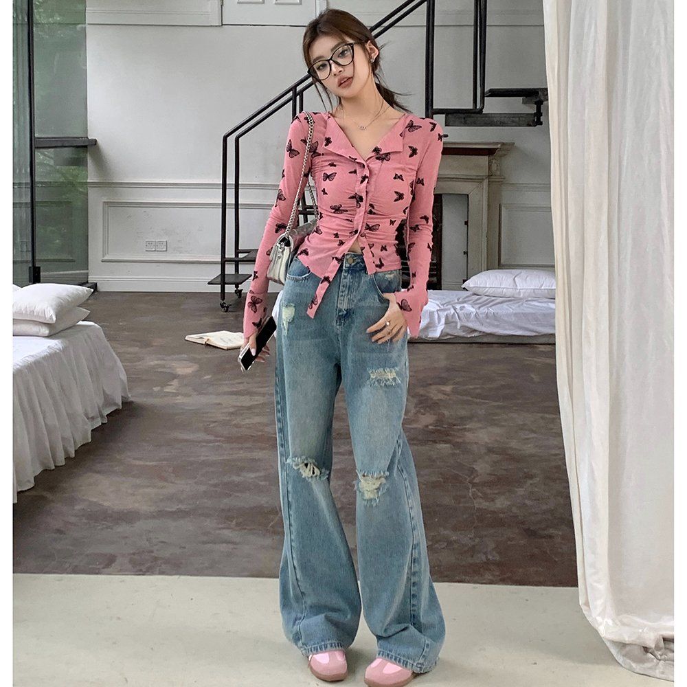 봄 가을 Y2K 스트릿 디스트로이드 찢청 데미지 와이드 데님 롱 팬츠 연청 청바지 - 상품 이미지