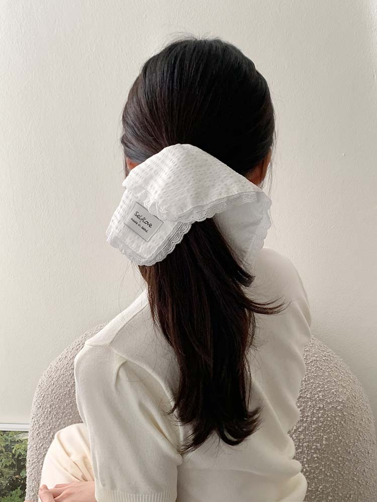 [자체제작] 아일렛 반다나 스크런치 - 스퀘어 사각 레이스 헤어스크런치 빅사이즈 곱창밴드 - 상세 이미지 3