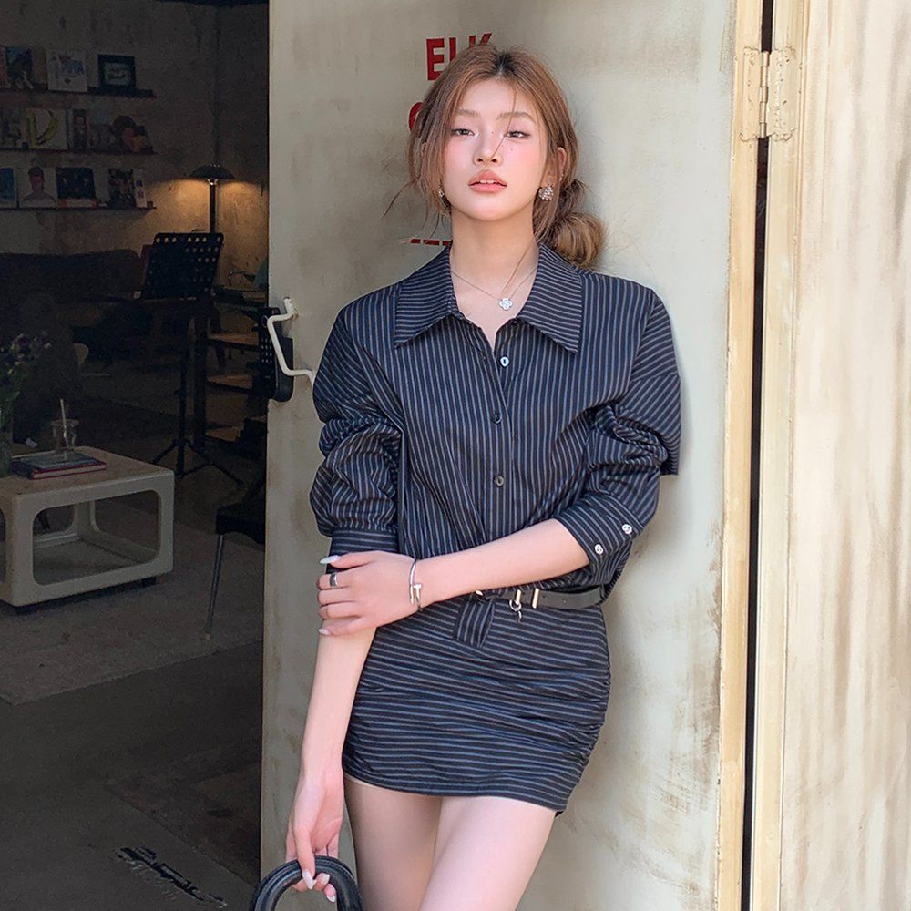봄 가을 스트라이프 긴팔 셔츠 셔링 벨트 세트 미니 원피스 블랙
