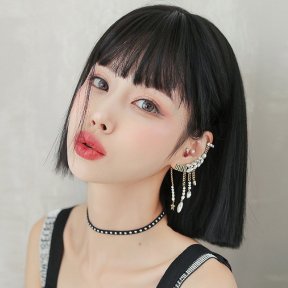 여성 시크 단발머리 전체가발 인조모 통가발 헤어 붙임머리 - 상품 이미지