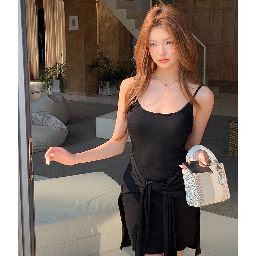 여름 여성 슬리브리스 허리 스트랩 오픈백 캡내장 슬림핏 미니 원피스 블랙 그레이 - 상품 이미지