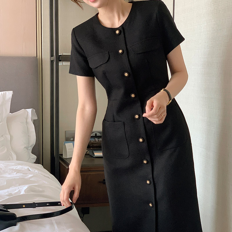 모디프 포켓 버튼 트위드 H라인 롱 반팔 원피스 op16035