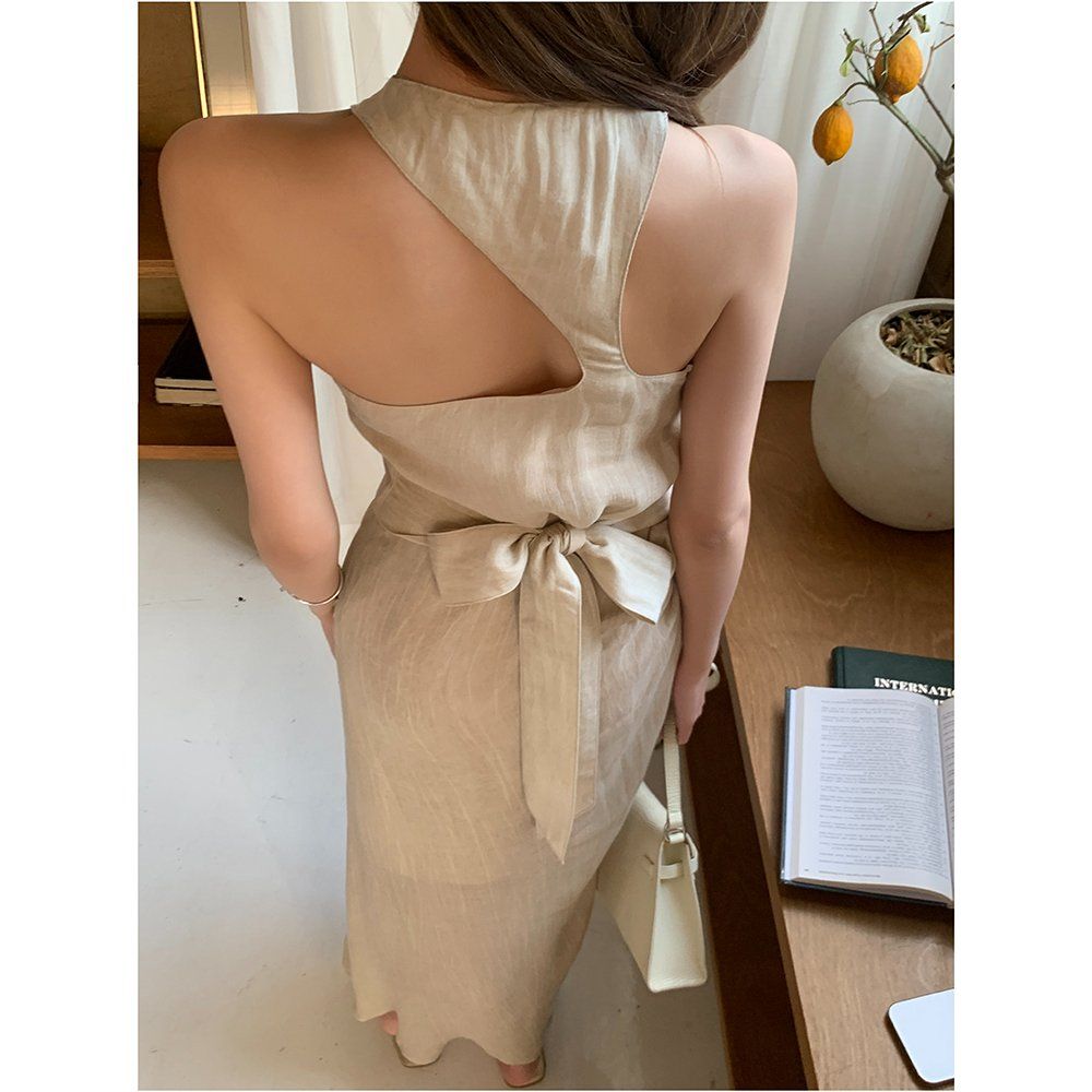 봄 여름 브이넥 백리스 허리끈 민소매 린넨느낌 롱 맥시 원피스 베이지 - 상세 이미지 2