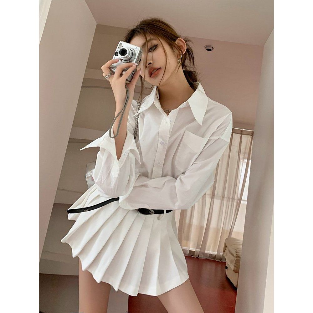 봄 가을 베이직 드롭숄더 긴팔 포켓 루즈핏 코튼 남방 셔츠 화이트 - 상품 이미지