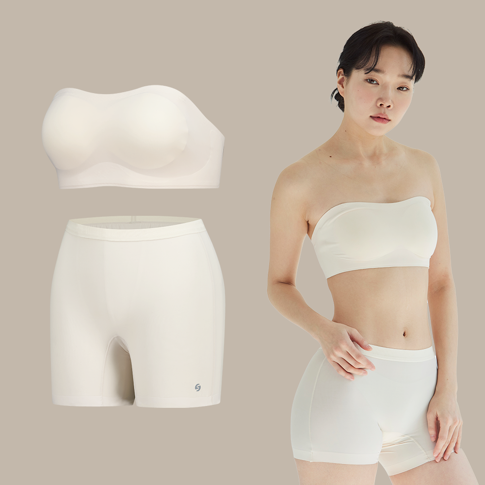 슬림9 편해브라 오프숄더 네모팬티 플렉시 밴드 웨딩브라 사각드로즈 여성속옷 1&1 SET - 메인 이미지