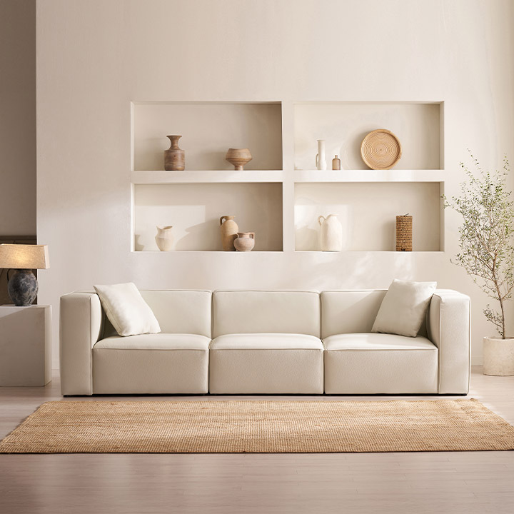 삼익가구 더브릭 프리미엄 천연면피 소가죽 모듈 소파 스툴미포함, 아이보리, 4인용